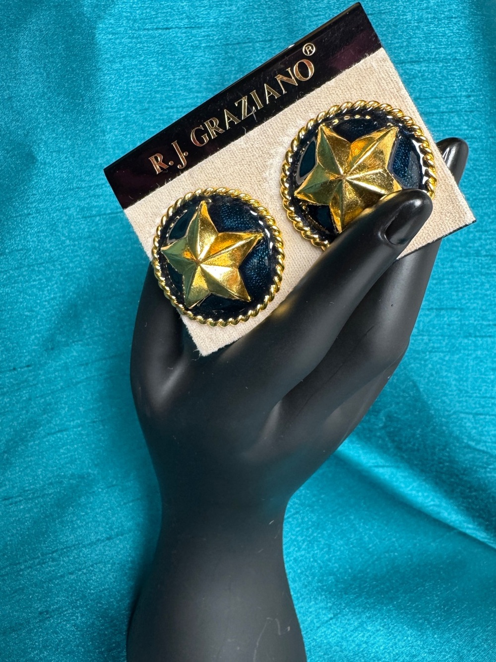 R.J. Graziano Navy and Gold Star Large Round Clip-On Earrings